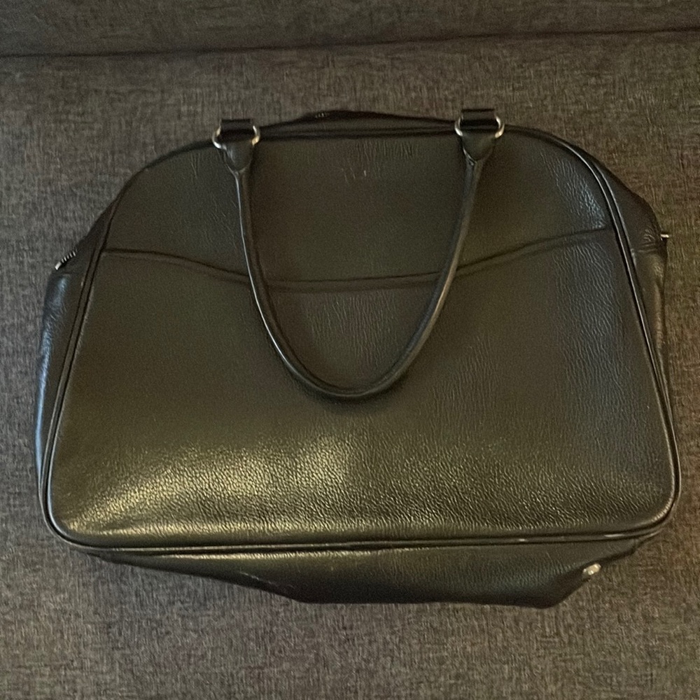 RO black leather satchel-excellent condition. Suede linings/pen and iPad holder.